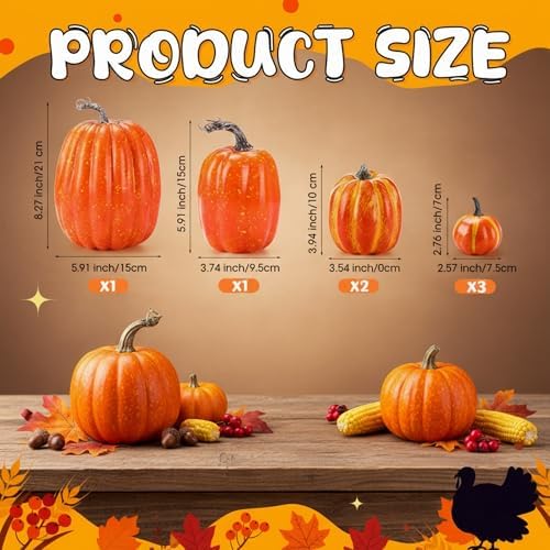 Geelin 7 Pcs Assorted Artificial Orange Pumpkins Harvest Decorative Faux Foam Pumpkins for Farmhouse Rustic Fall Thanksgiving Tabletop Centerpiece Mantel Shelf Kitchen Decoration - Image 3