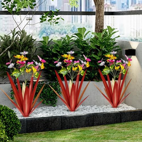 TOMBABY Garden Outdoor Butterfly Enlarge Thickened Wind Resistant Metal Agave Garden Art Metal Plant Country Sculpture Statue Decorations Ornaments Artificial Waterproof Butterflies(red 3pcs) - Image 6