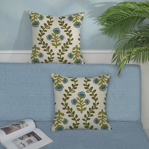 Sage Green Boho Pillow Covers 22x22 Inch 2 Pcs Blue Green Floral Leaves Decor Throw Pillows Vintage Flower Seasonal Spring Summer Outdoor Farmhouse Pillowcase Linen Cushion Cover for Couch Sofa - Image 3