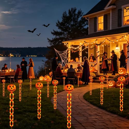 Halloween Decorations Outdoor Solar Pumpkin Chain Stake Lights, 6 Pack Orange Jack O Lantern Halloween Pathway Decor Lights for Halloween Display Garden Yard Lawn Grave Porch Spooky Decor - Image 6