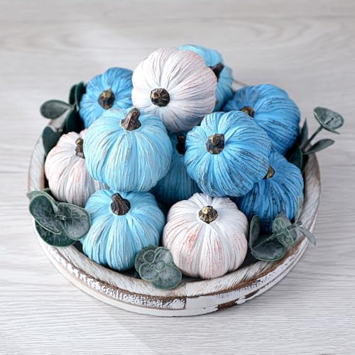 Geelin 12 Pcs Blue Rustic Fall Pumpkin Decor Resin Pumpkins for Thanksgiving Decorations Farmhouse Decorative Pumpkins 2.36" for Fall Home Decor Autumn Tabletop Centerpiece Harvest Wedding(Resin) by Geelin