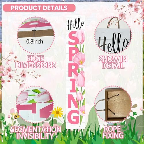 Hello Spring Porch Sign Tulip Wooden Welcome Sign Vertical Spring Hanging Signs For Standing Front Porch Decor Rustic Wall Decor Home Farmhouse Yard Door Spring Decorations 47.2"H - Image 4