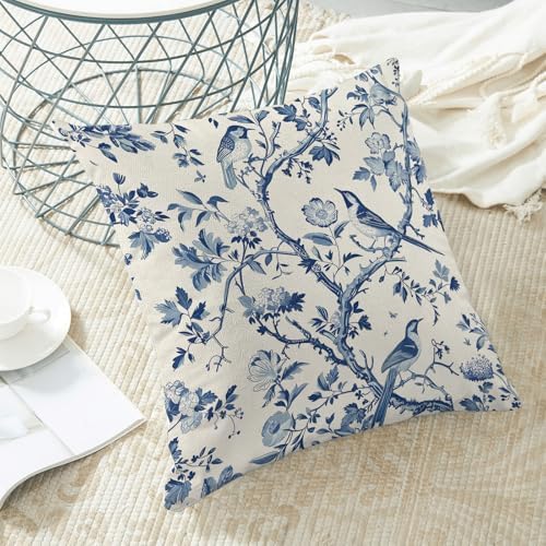 CXMEIFLY Spring Floral Pillow Covers 18 x 18 Inch Set of 2 for Navy Blue Chinoiserie Flowers Bird Decor Throw Pillows Vintage Plant Outdoor Decorative Cushion Cases for Couch Bed Decorations - Image 4