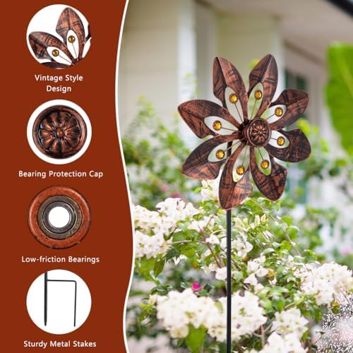 VEWOGARDEN 2 Pack Wind Spinners Outdoor, Metal Wind Spinner with Flower Design for Yard Garden Lawn Decorations, Antique Bronze - Image 4