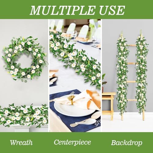 6 Ft White Flower Garland Artificial Summer Spring Faux Daisy Wildflower Floral Garland Spring Wreath for Wedding Arch Porch Stair Table Indoor Door Home All Year Decoration - Image 4