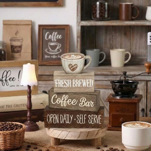 Moucuny 4 Pcs Farmhouse Coffee Bar Signs Decor Wooden Cafe Cup Signs - Image 6
