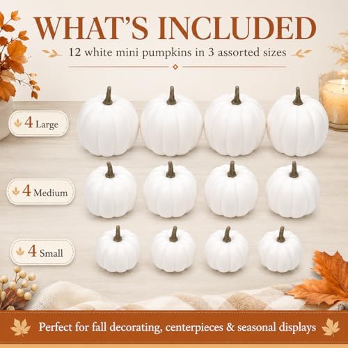 12-Pack Artificial White Mini Pumpkins in 3 Sizes for Fall Decorations - Image 2