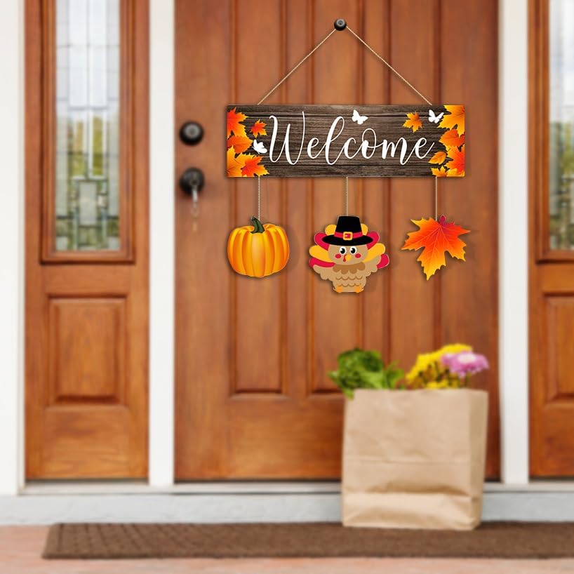 Thanksgiving Door Sign,Thanksgiving Turkey Hanger for Front Door,Fall Turkey Pumpkin Welcome Hanging Decorations, Thanksgiving Day Autumn Wooden Wreath Wood Plaque for Fall Harvest Party Decor - Image 3