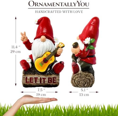 OrnamentallyYou Hippy Gnome with Guitar Garden Statue, Unique Flowers and Peace Sign - Image 4
