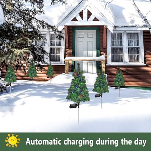 4PCS Solar Christmas Tree Garden Stake Lights Outdoor Waterproof Pathway Lights Xmas Tree Light for Lawn Patio Yard Front Porch Christmas Decor - Image 5