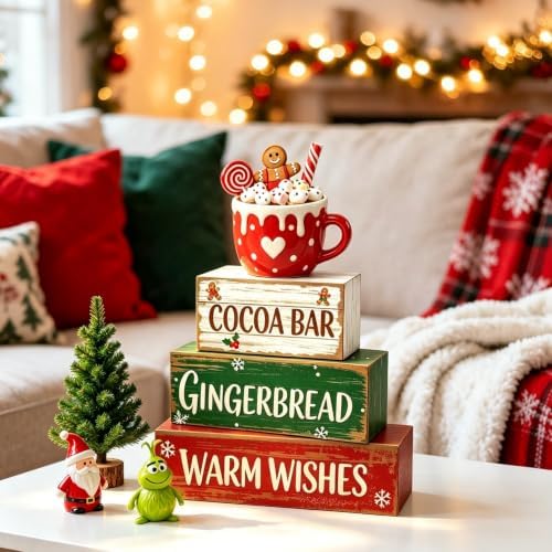4 Pcs Cocoa Bar Christmas Tiered Tray Decor, Rustic Distressed Stacked Wood Block Signs, 3D Hot Cocoa Mug Gingerbread Man Topper Winter Table Centerpiece, Farmhouse Mantel Coffee‑Bar Xmas Home Decor - Image 5