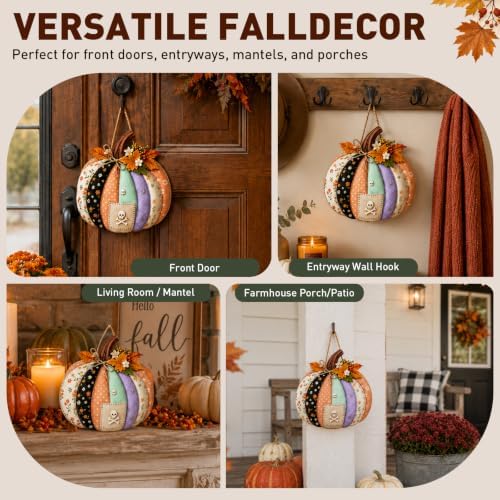 Autumn Retro Patchwork Pumpkin Door Hanging with Lights ，A - Image 5