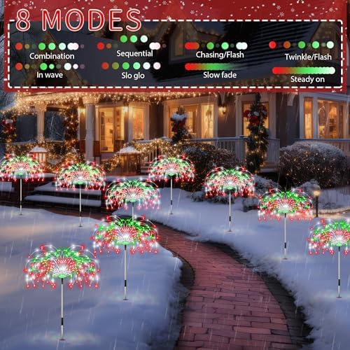 Enhon 4 Pack Plug in Christmas Pathway Firework Lights, 1440 LED Waterproof Xmas Garden Starburst Stake Lights with 8 Modes for Driveway Walkway Yard Lawn Patio Decorations(Red, Green, White) - Image 3