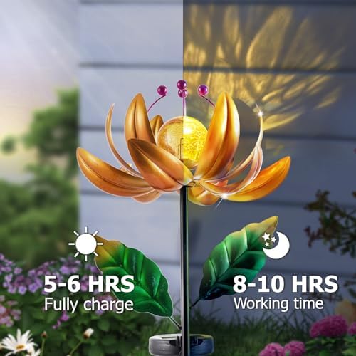 Solar Lights Wind Spinners for Yard and Garden - Metal Lotus Flower Windmills LED Crackle Glass Globe Outdoor Garden Decor Yard Art Lawn Ornament - Image 4