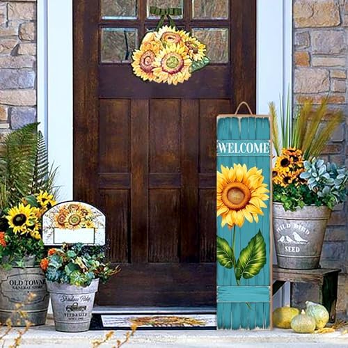 Sunflower Welcome Wooden Sign,Spring Rustic Porch Sign for Front Door Decorations, Front Porch Decor Home Hanging Signs Wall Sign 31.5" H - Image 2