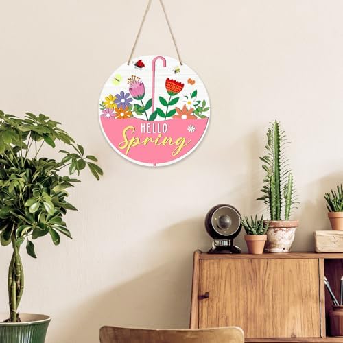 Hello Spring Door Sign, Umbrella Flower Welcome Wood Hanging Decor, Floral Farmhouse Porch Front Door Outside Decorations -015 - Image 3