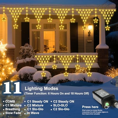 Christmas Outdoor String Lights Waterproof, 218 LED 13.8FT Star Curtain Fairy Lights with 11 Drops Connectable Clear Wire Christmas Light Decorations 8 Modes for Eaves Yard Wedding Party Holiday Decor - Image 5