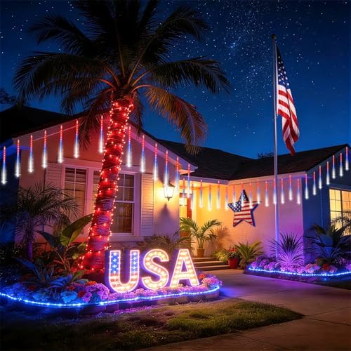 KNONEW 4th of July Solar Lights, USA 250th Anniversary Red White and Blue Solar Lights, 20 Tube 720 LED Waterproof Meteor Shower Lights for Independence National Memorial Day Decor - Image 5