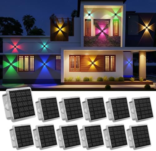 AUDLES Solar Fence Lights Outdoor, IP67 Waterproof 4-Sided Glow Solar Wall Lights, RGB 8 Modes Color Changing Solar Garden Light for Patio Pool Step Porch Yard-12 Pack by AUDLES