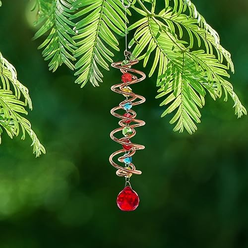 FONMY Gazing Ball Spiral Tail -Decorative Wind Spinner Sun Catcher Rainbow Maker Copper Double-Spiral W/Red Crystal Ball and Chain Crystals Beads for Indoor Outdoor Garden Decoration -14 inch Height - Image 7