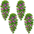 BLEUM CADE Artificial Hanging Flowers for Outdoors, 4pcs Fake Hanging Plants Pothos Vines with Purple Flowers for Wall Home Living Room Indoor Outdoor Decor (No Baskets) by BLEUMCADE