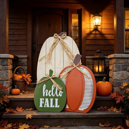 DECSPAS Fall Decorations for Home & Outdoor, 24" White Pumpkin Wood Porch Standing Decor - 3 Pack Red, White, Green Pumpkins for Front Door, Garden, Patio, Thanksgiving - Image 2