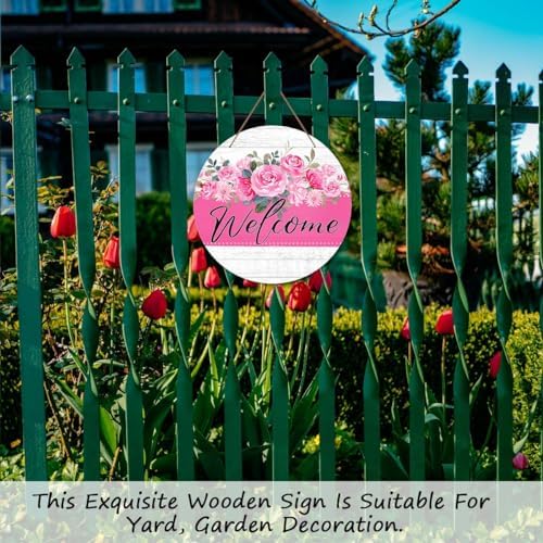Welcome Door Sign, Flower Decor Wooden Sign Round Decorative Wall Plaque, Blush Pink Floral Welcome Sign for Front Door, Farmhouse Porch Yard Hanging Sign Outdoor Decorations -01 - Image 6