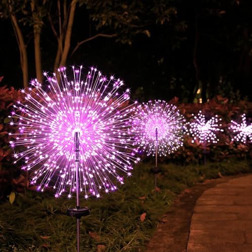 JJGoo Solar Firework Lights, 2 Pack 120 LEDs 2 Lighting Modes Solar Garden Lights Outdoor Waterproof for Yard Patio Walkway Pathway Party Wedding Christmas Decorative - Pink - Image 4