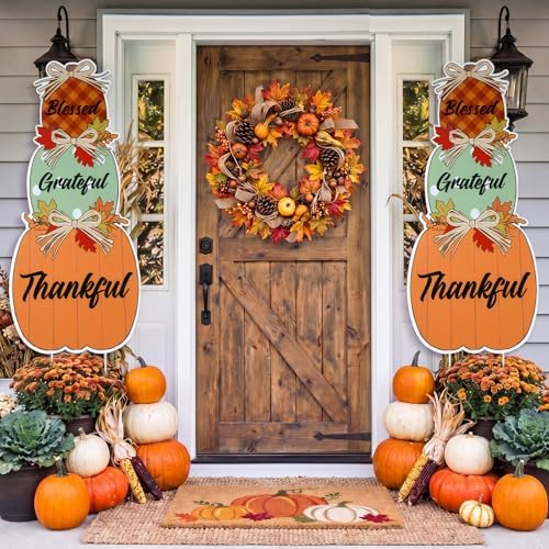 Thyle 2 Pcs Large Fall Front Porch Decoration Outdoor Pumpkin Porch Sign Yard Stake Outside Autumn Garden Stakes Harvest Welcome Decor Blessed Thankful Yard Signs for Front Door Garden Patio Lawn by Thyle
