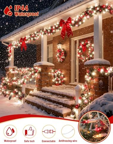 Hopolon Red and Clear Christmas Light, 2PACK Total 100Count 26FT,White Wire - Image 4