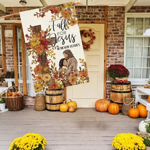 Baccessor Fall For Jesus He Never Leaves House Flag 28x40 Inch Double Sided,Thanksgiving Day Autumn Cardinal and Cross Outside Outdoor Seasonal Burlap Garden Flags Home Yard Porch Patio Decoration - Image 3