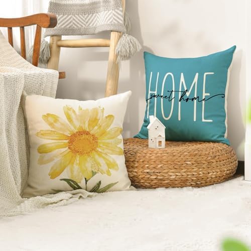 AVOIN colorlife Home Sweet Home Spring Summer Flowers Yellow Throw Pillow Covers, 20 x 20 Inch Blue Cushion Case for Sofa Couch Set of 4 - Image 5