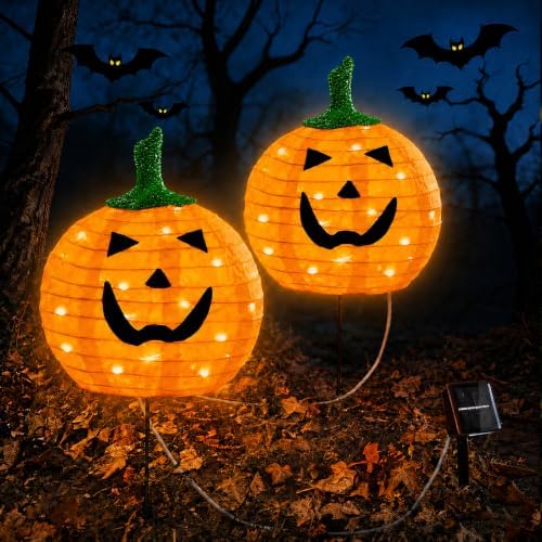 Solar Halloween Pumpkin Lights, 2 Pack Outdoor Pathway Stake Lights by DAYLIGHTIR