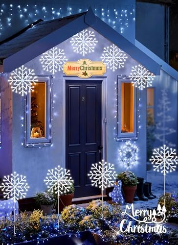 Minetom Snowflake Lights Outdoor, 10 Large Snowflake Christmas Pathway Lights Outdoor Christmas Decorations Yard Sidewalk Walkway Driveway Marker Stake, White - Image 6