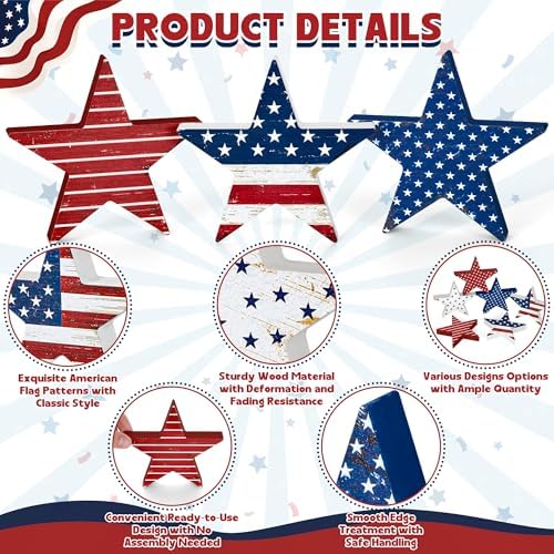 6 PCS 4th of July Wooden Signs, Red White Blue Star Patriotic Table Decor - Image 3