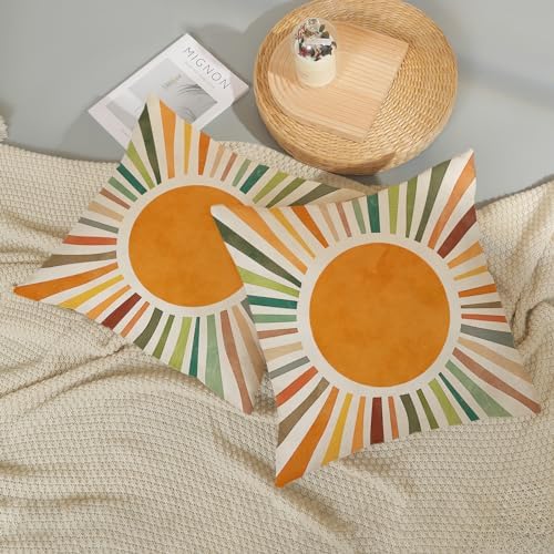 Summer Pillow Covers 20x20 Set of 2, Boho Sun Throw Pillows Stripes Yellow Green Orange Sunshine Decorations Watercolor Rainbow Pillow Cases Linen Outdoor Decor Cushion Case for Home Sofa - Image 6