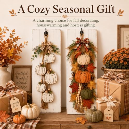 Rustic Wooden Pumpkin Door Hanging with Warm LED Lights, Rustic White Pumpkin Hanging Swag, Fall Decor Gift, Glowing Wreath, Farmhouse Porch Front Door Decoration Home(White Standard) - Image 7