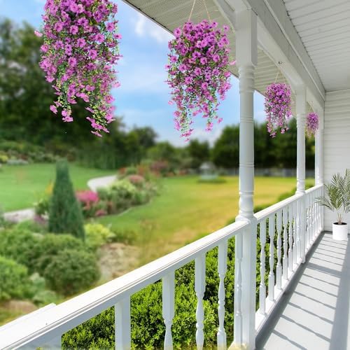 Sggvecsy Artificial Fake Hanging Flowers Plants for Outdoor Outside Spring Summer Decoration 2PCS Faux Silk UV Resistant Realistic Mums Daisy with Eucalyptus for Home Porch Patio Balcony(Magenta) - Image 5