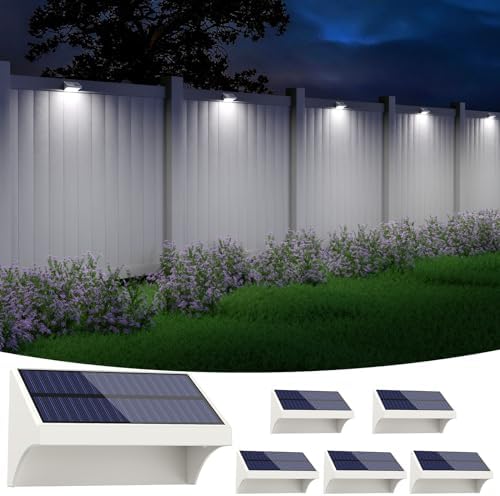 NIORSUN Outdoor Fence Lights, 6 Pack Waterproof LED Solar Fence Lights with 1500mAh Battery, Warm White/Cool White/RGB, Easy-to-Install Wall Light for Deck, Patio, Railing, Stairs, Backyard – White by NIORSUN