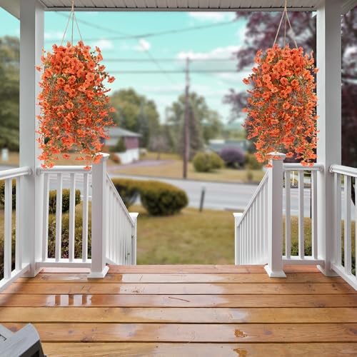 Artificial Fake Hanging Flowers Fall Plants for Outdoor Outside Autumn Decoration 2PCS Faux Silk UV Resistant Realistic with Eucalyptus for Home Thanksgiving Harvest Porch Patio Balcony(Fall Orange) - Image 3
