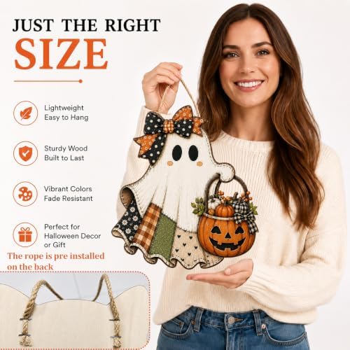 Cute Bow Ghost Door Sign Wooden Halloween Door Hanger Pumpkin Porch Decor - Image 3