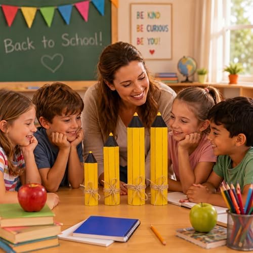 Yousoontic 4 Pcs Back to School Table Decor Wooden Pencil Block Signs Rustic Farmhouse Wood Pencil Tabletop Centerpieces for The First Day of School Home Classroom Desk Shelf Tiered Tray Decor - Image 5