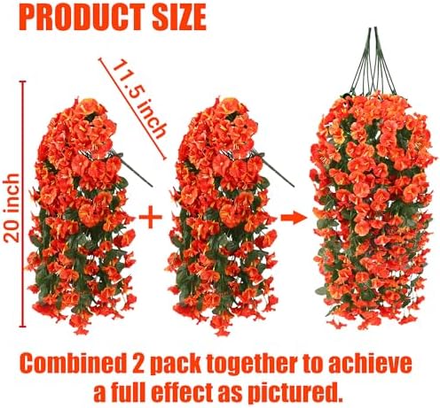 Sggvecsy Artificial Fake Hanging Flowers Plants for Outdoor Outside Spring Summer Decoration 2PCS Faux Silk UV Resistant Realistic Morning Glory Trailing Vines for Home Porch Patio Balcony(Orange) - Image 2