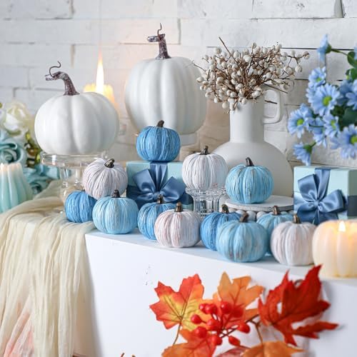 Geelin 12 Pcs Blue Rustic Fall Pumpkin Decor Resin Pumpkins for Thanksgiving Decorations Farmhouse Decorative Pumpkins 2.36" for Fall Home Decor Autumn Tabletop Centerpiece Harvest Wedding(Resin) - Image 4
