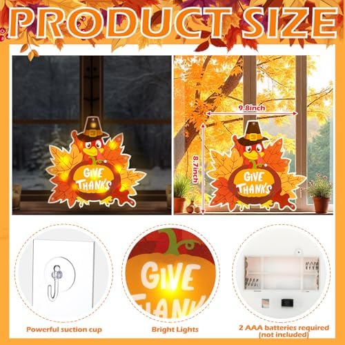 Wonderjune 13.7" Thanksgiving Door Sign LED Turkey Give Thanks Fall Decor - Image 2