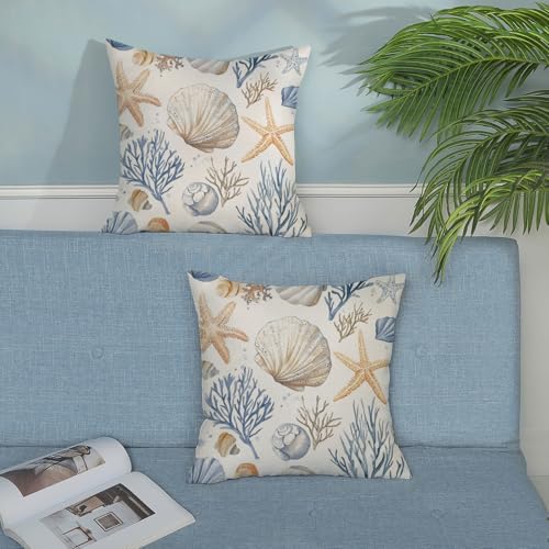 Coastal Pillow Covers 18x18 Inch Set of 2 Blue Ocean Nautical Starfish Pillow Covers Summer Outdoor Beach Coral Shell Decorative Pillow Cases Linen Square Cushion Cover Decor for Couch Sofa - Image 4