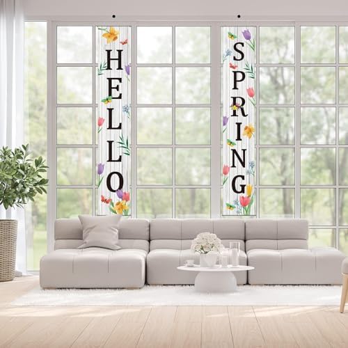 Hello Spring Porch Banner for Front Door Spring Door Banner Colorful Floral Green Leaves Porch Sign Hanging Flag Vintage Spring Decorations Seasonal For Yard Indoor Outdoor Decorations (Pack of 2) - Image 6
