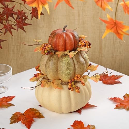 Artificial Pumpkin Fall Décor - Autumn Table Centerpieces with Faux Berries, Maple Leaves, Stacked Pumpkins – Halloween, Thanksgiving & Harvest Home Decoration - Image 6