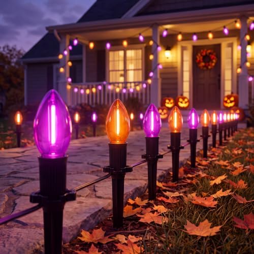 10 Pack Halloween Pathway Lights Outdoor, Orange & Purple LED Stake Lights by Abeja