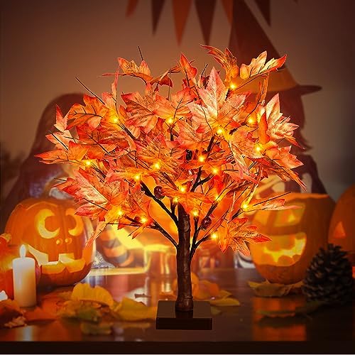 Remon 18 Inch Lighted Fall Maple Tree - 1.5FT Thanksgiving Tabletop Lamp Decor with 36 LED Lights, 72 Maple Leaves, 6 Acorns, Timer Function, Battery Operated Fall Artificial Tree with Burlap Base - Image 7